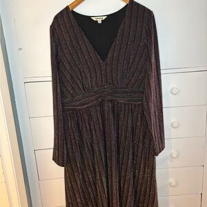 Boden Black Sparkle Stripe V-Neck Long Sleeve Dress